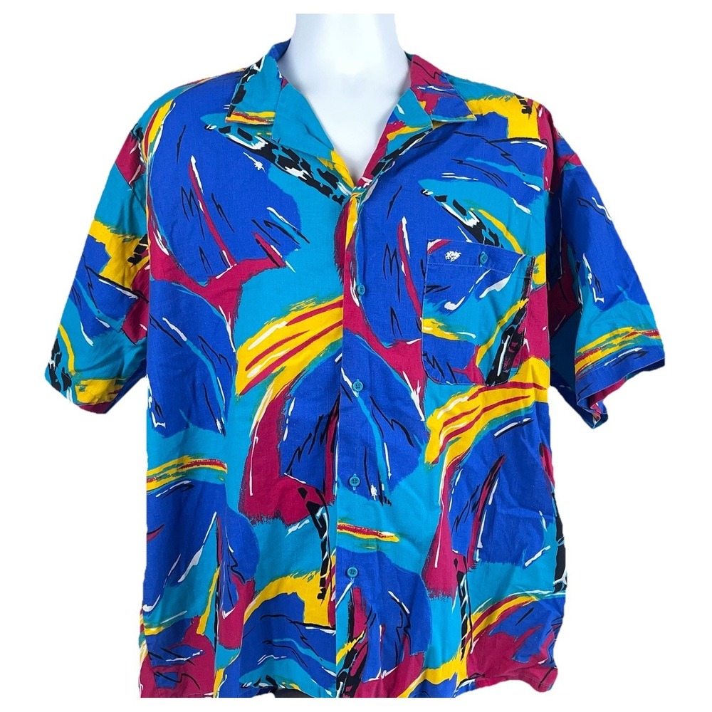 Vintage 90s CC Sport Men's Hawaiian Camp Shirt Size XL Blue‎ Print Made In USA